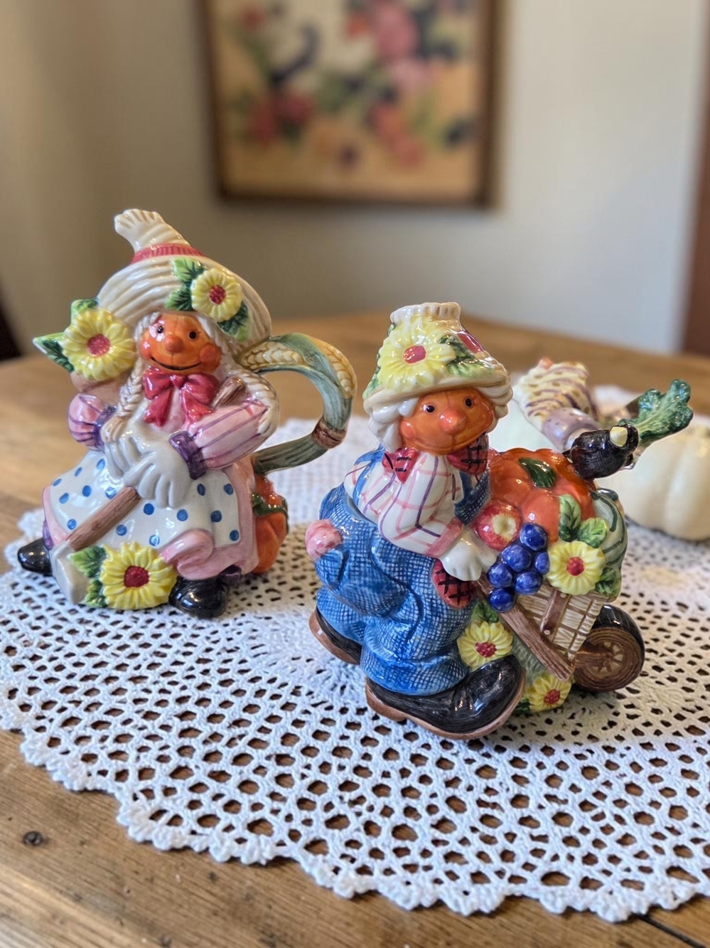 Fitz and Floyd Scarecrow Fall Harvest Pumpkin Sugar and Creamer Set w/ Spoon IOB